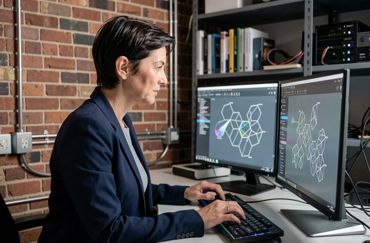 Développeuse d'Hexagram analysant des diagrammes d'architecture logicielle dans un studio technologique créatif