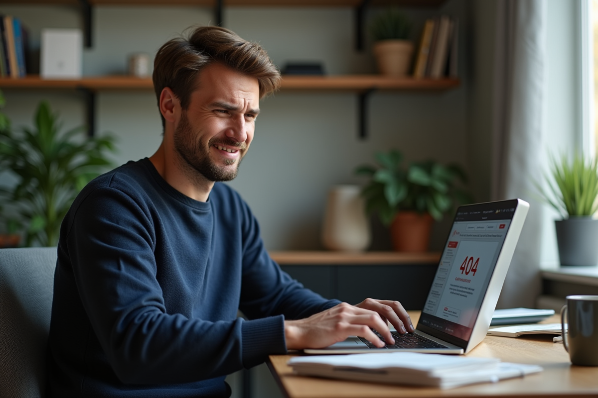 Homme en bureau home office face à une erreur 404