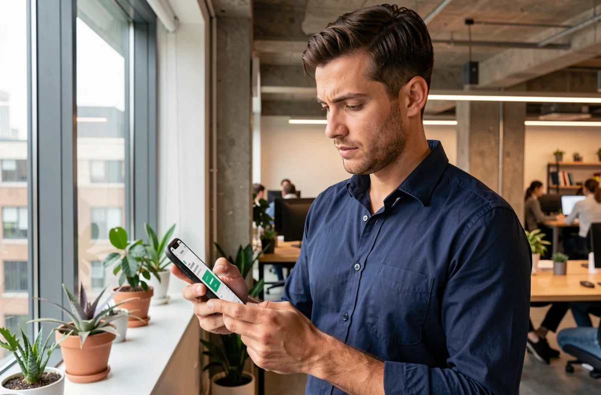 Homme consultant son tableau de bord d'abonnement RED&Moi dans un espace de coworking moderne