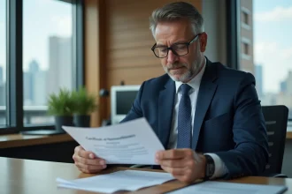 Homme d'affaires en costume vérifiant un certificat officiel