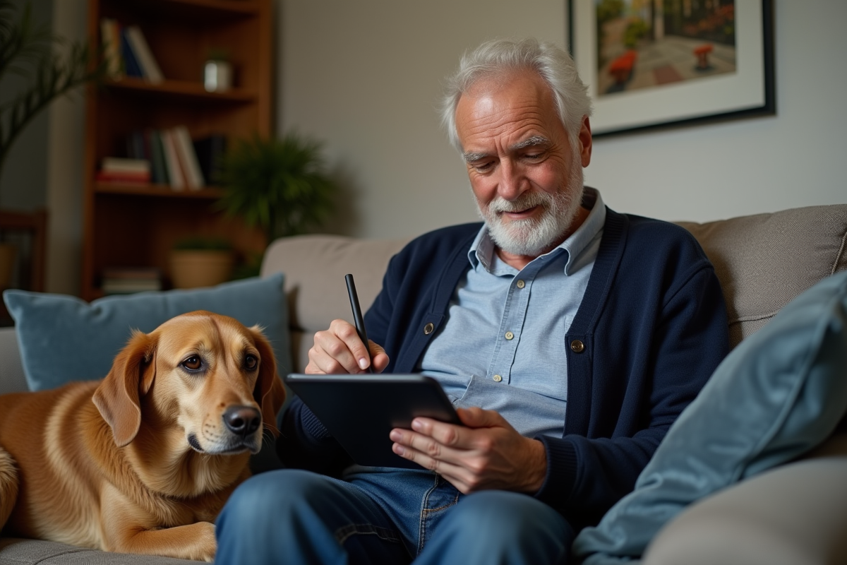 Homme âgé avec chien guide utilisant une tablette