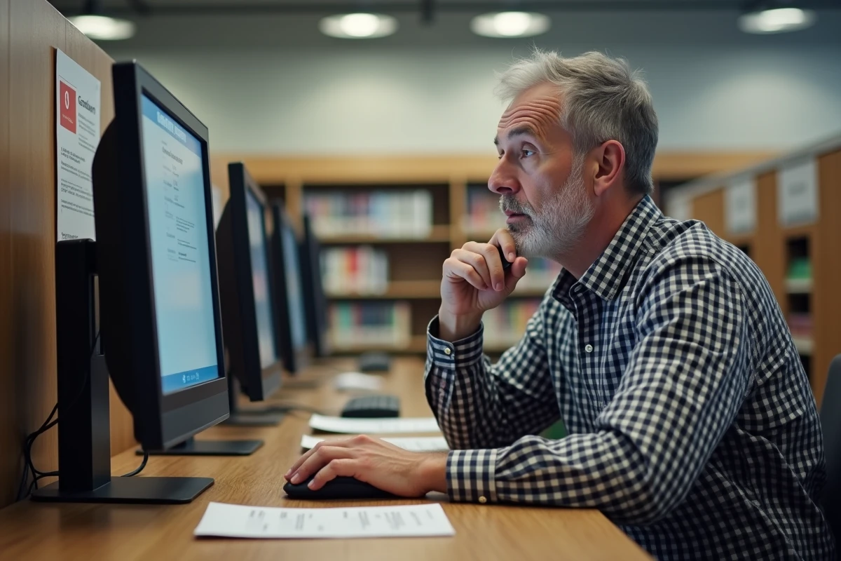 Homme ajustant Google SafeSearch dans une bibliothèque