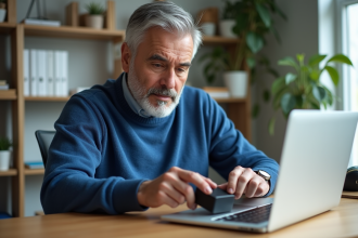 Homme d'âge moyen travaillant à son bureau avec ordinateur