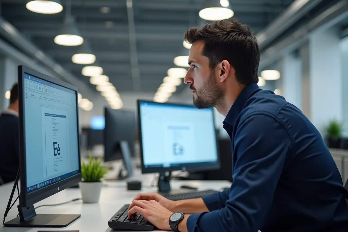 Homme en bureau professionnel utilisant un clavier AZERTY pour insérer le caractère É majuscule dans un traitement de texte