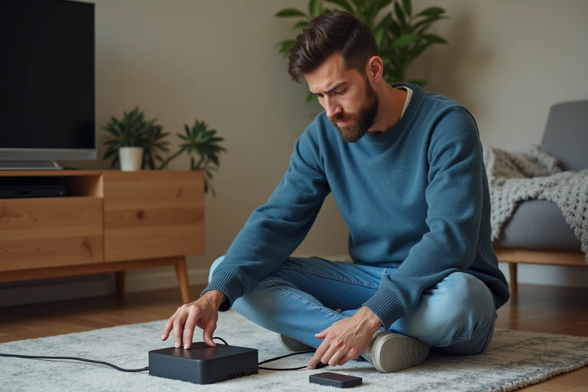 Homme examinant une box internet dans un salon moderne