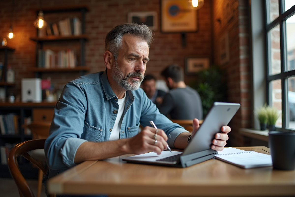 Homme lisant des articles SEO dans un café cosy
