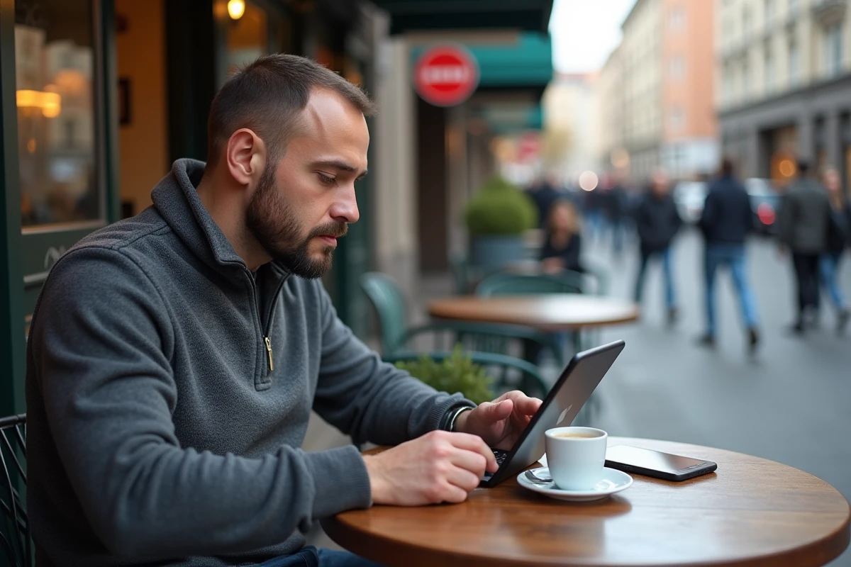 Homme lisant un iPad dans un café en ville