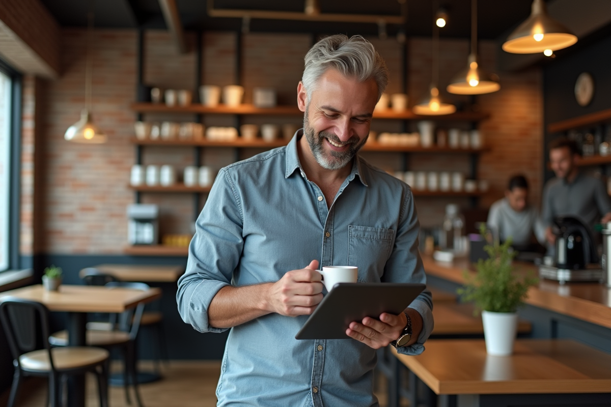 Homme au café regardant des plans Shopify sur tablette