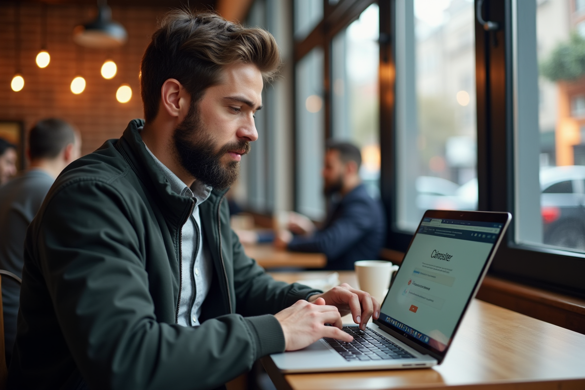 Homme barbu utilisant son laptop dans un café pour vérifier un certificat numérique