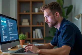 Homme examinant les informations système 32 bits et 64 bits sur un ordinateur portable dans un bureau à domicile