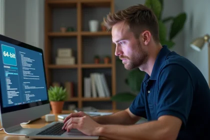 Homme examinant les informations système 32 bits et 64 bits sur un ordinateur portable dans un bureau à domicile