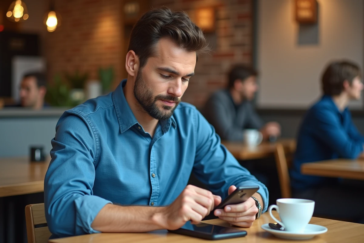 Homme en chemise bleue comparant deux appareils Android dans un café, en train de vérifier les paramètres de configuration