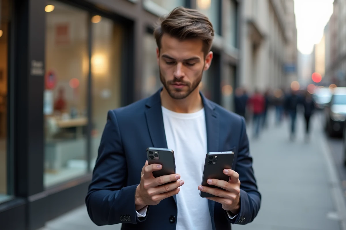 Homme comparant deux modèles iPhone 14 en ville pour choisir selon ses besoins