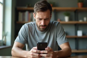 Homme configurant son appareil Android avec une expression frustrée, assis à un bureau en bois dans un bureau à domicile