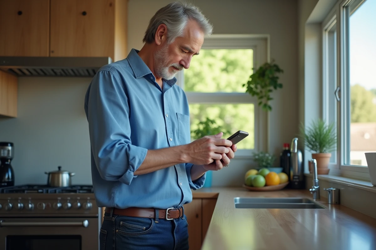 Homme dans la cuisine vérifiant ses réglages Google sur smartphone