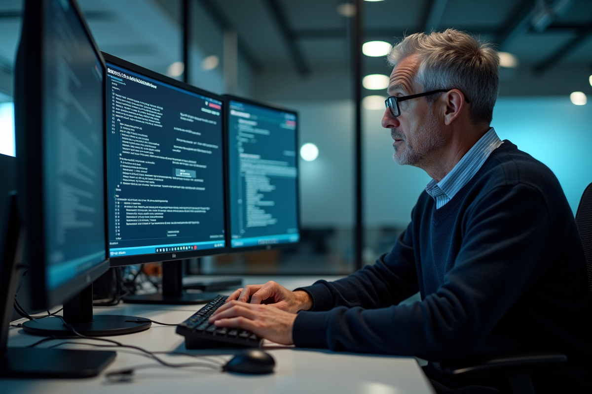 Homme professionnel vérifiant un moniteur avec outils de diagnostic