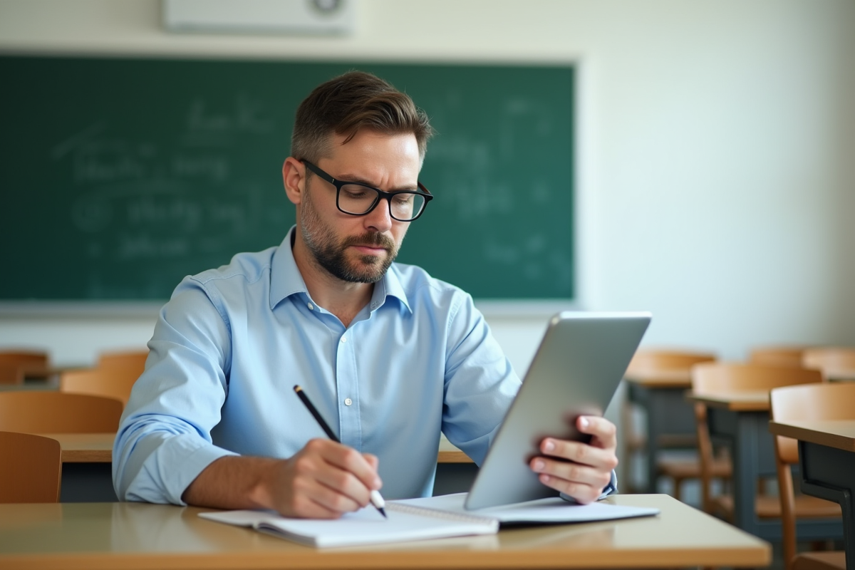 Homme d age moyen prenant des notes en classe avec sa tablette