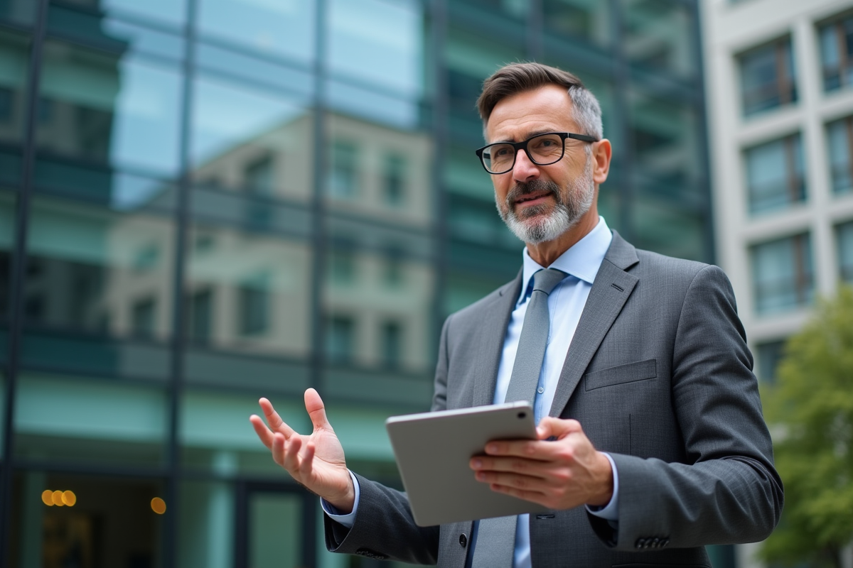 Homme en costume avec tablette devant bâtiment moderne