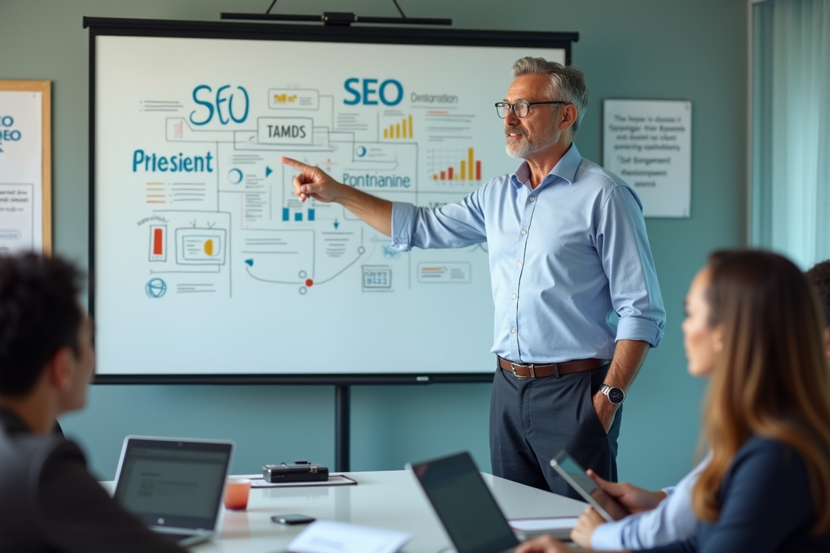 Homme en formation expliquant des diagrammes SEO en salle de classe