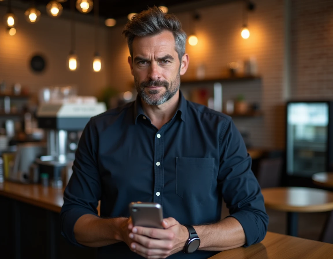 Homme consultant une adresse Gmail temporaire sur smartphone dans un café urbain