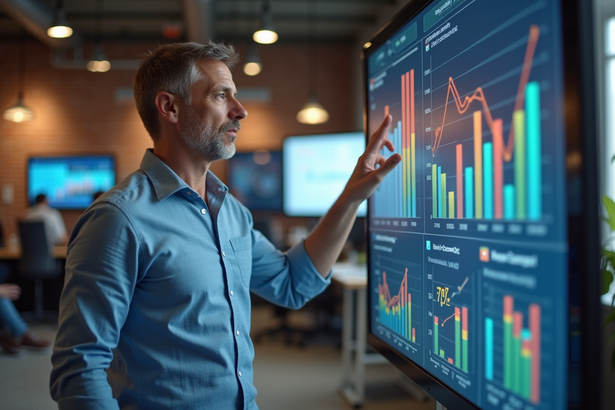 Homme en business casual montrant des graphiques SEO sur un grand écran