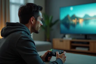 Homme tenant une manette Xbox moderne devant un écran affichant une bibliothèque de jeux Game Pass
