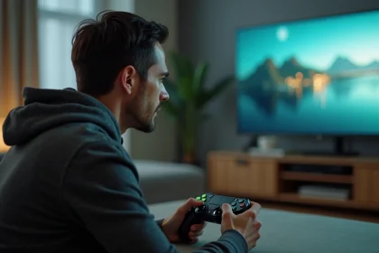 Homme tenant une manette Xbox moderne devant un écran affichant une bibliothèque de jeux Game Pass