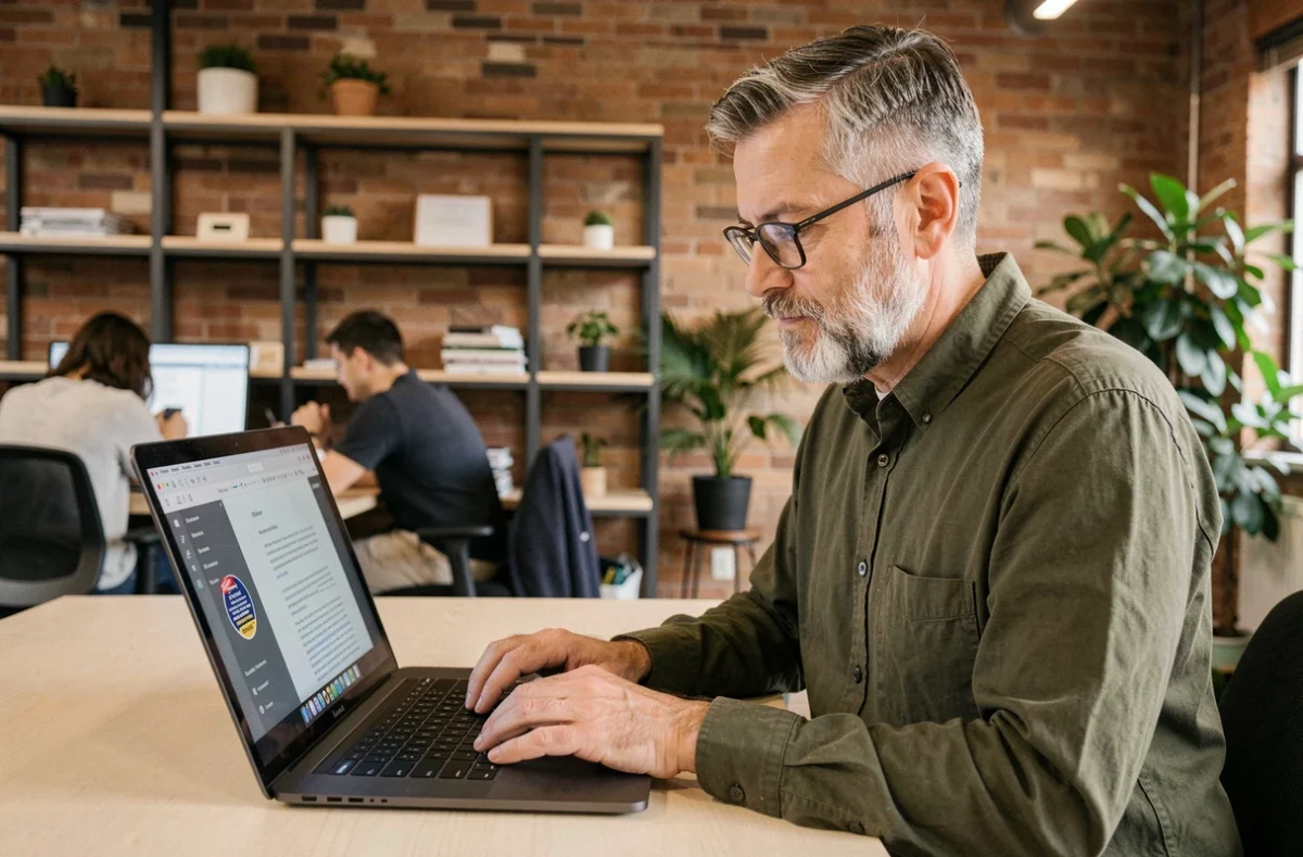 Homme mature travaillant sur un vieux MacBook Pro avec un traitement de texte gratuit dans un espace de coworking