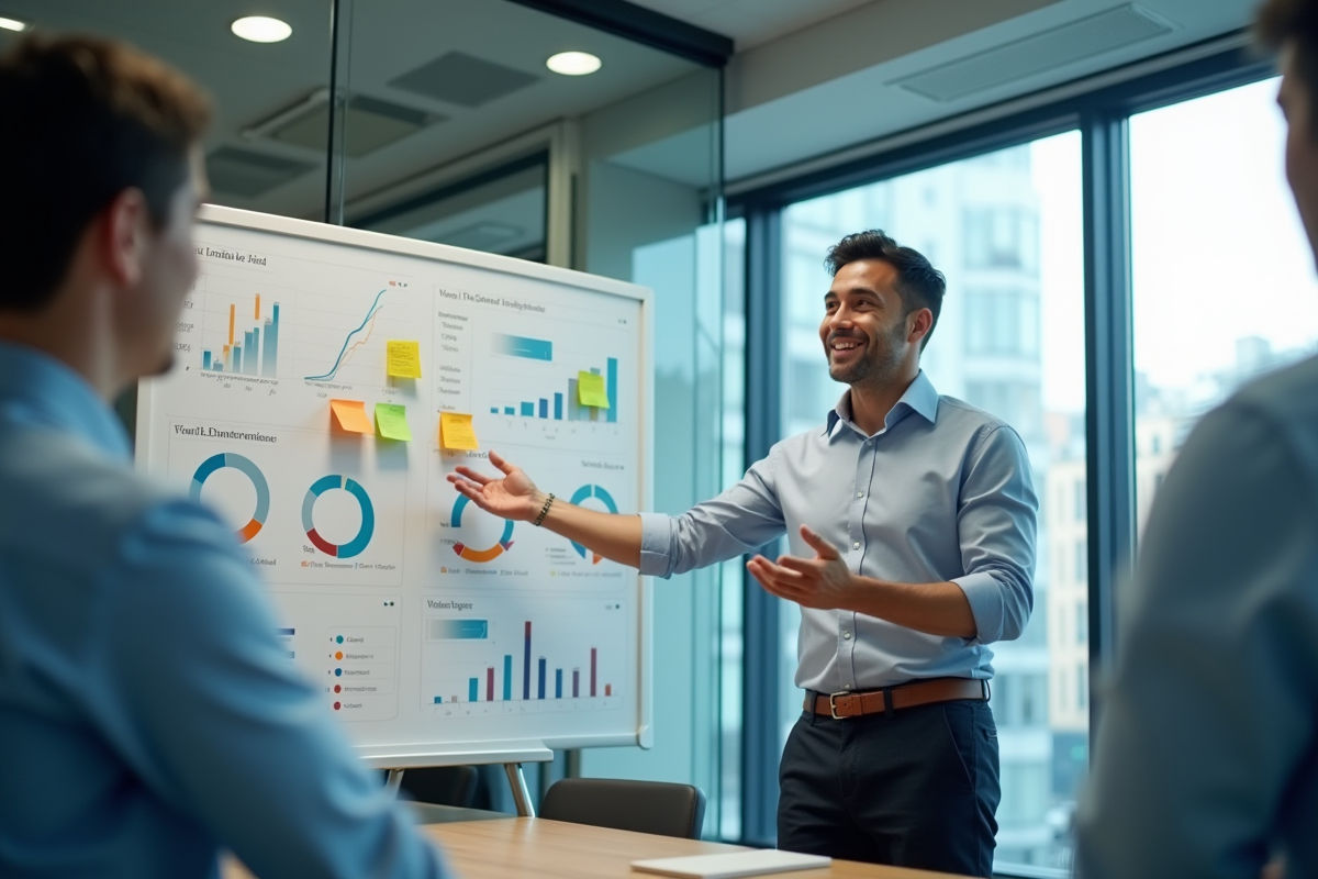 Homme d affaires explique résultats de tests A B en réunion