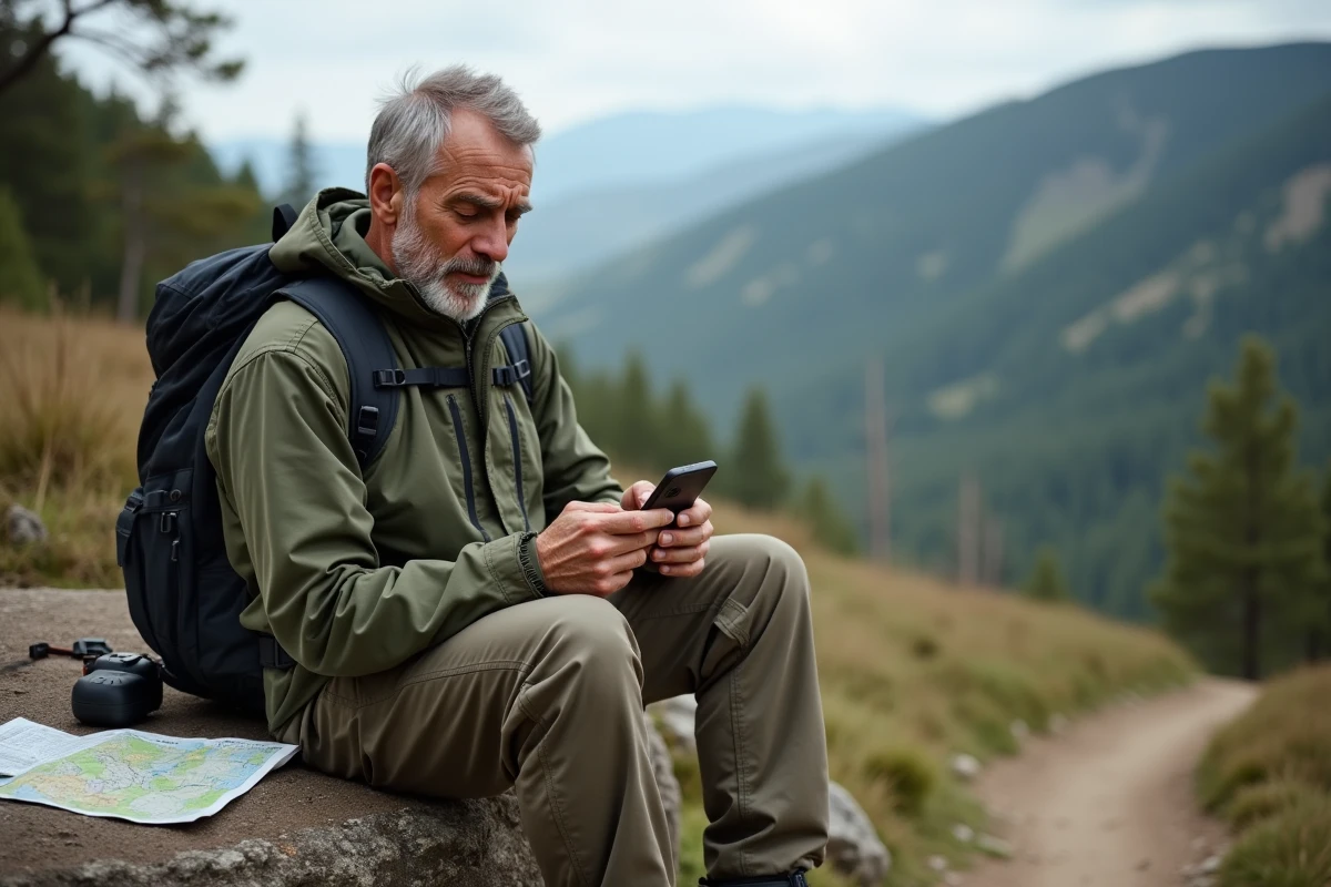 Homme en randonnée utilisant un GPS dans un environnement naturel