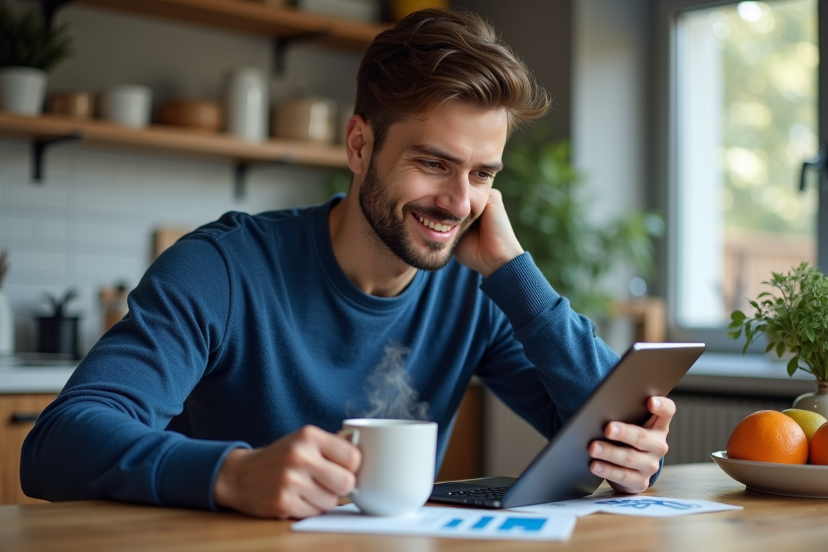 Jeune homme détendu examinant un rapport sur une tablette