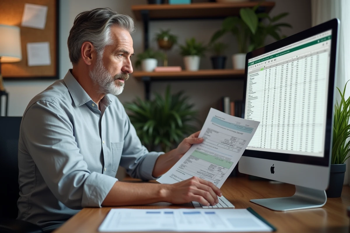 Homme vérifiant des documents et un écran Excel à son bureau