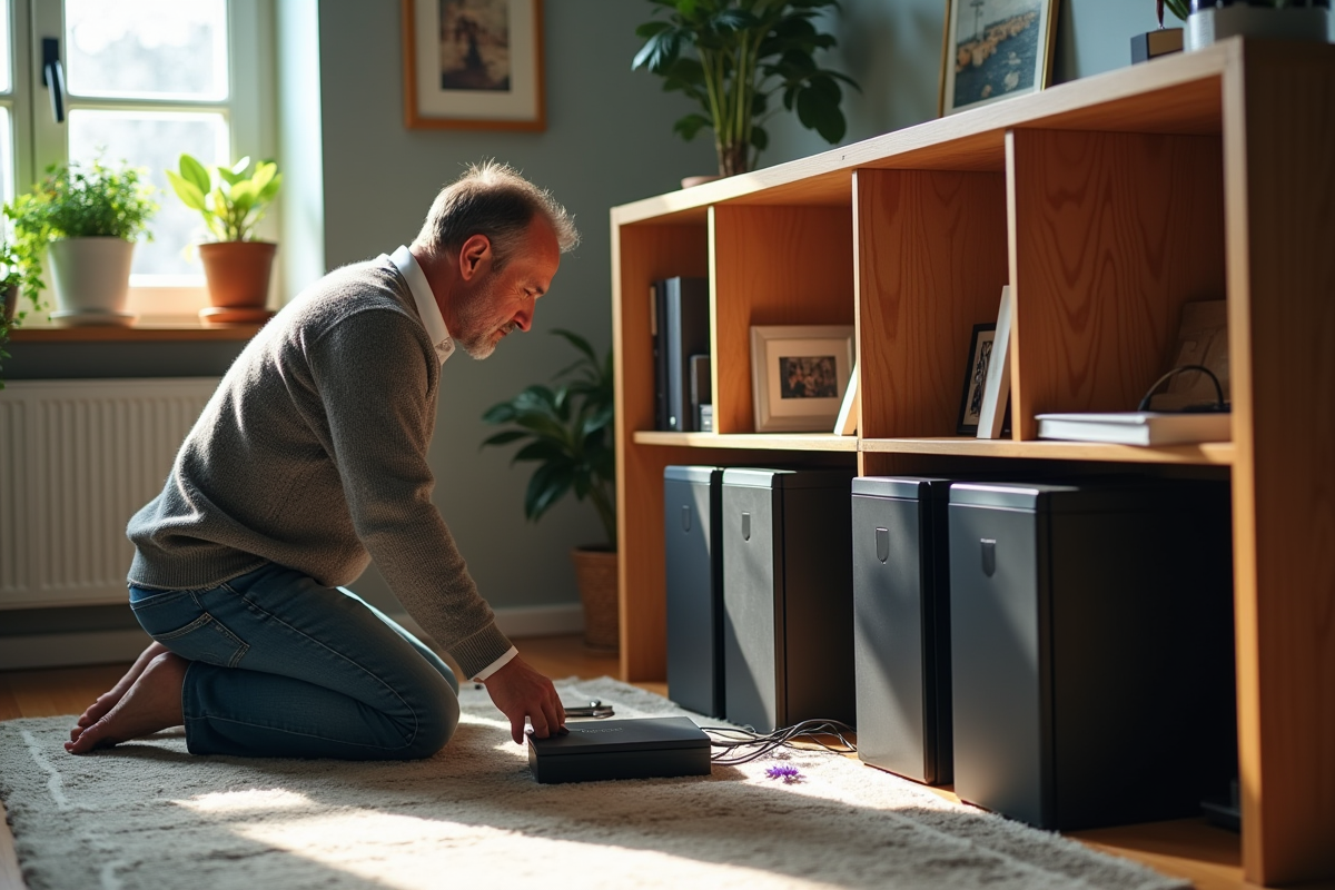 Homme connectant disques SSD et boîtes de rangement dans un espace cosy