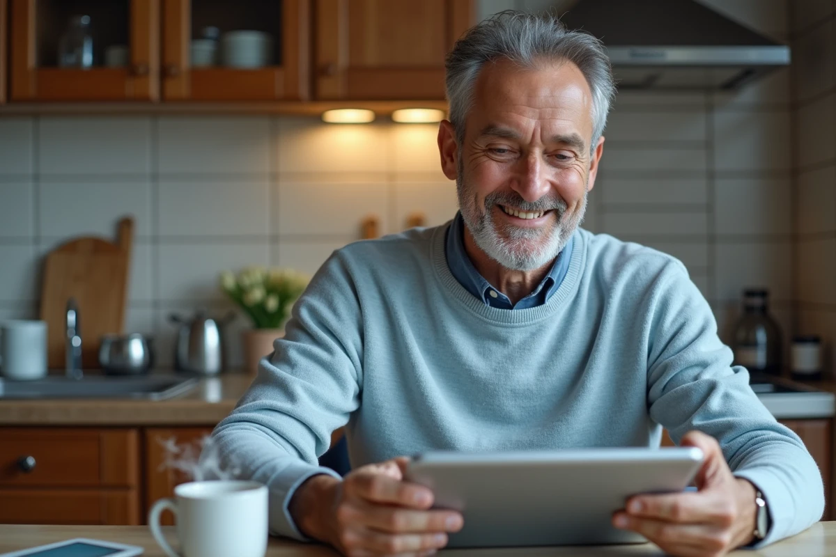Homme souriant utilisant une tablette pour consulter ses mails