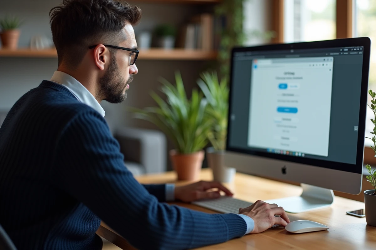 Homme en télétravail vérifiant un problème d'accès à la messagerie Mel ouvert depuis son domicile