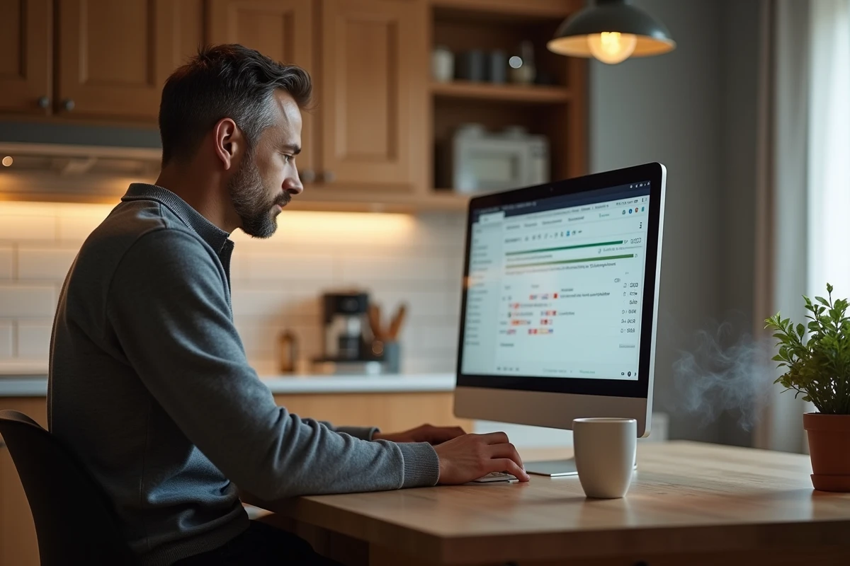 Homme en télétravail transférant des fichiers volumineux vers l'étranger depuis son domicile via un ordinateur de bureau