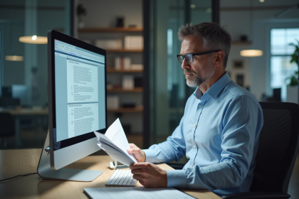 Homme d'âge moyen travaillant au bureau avec documents et ordinateur