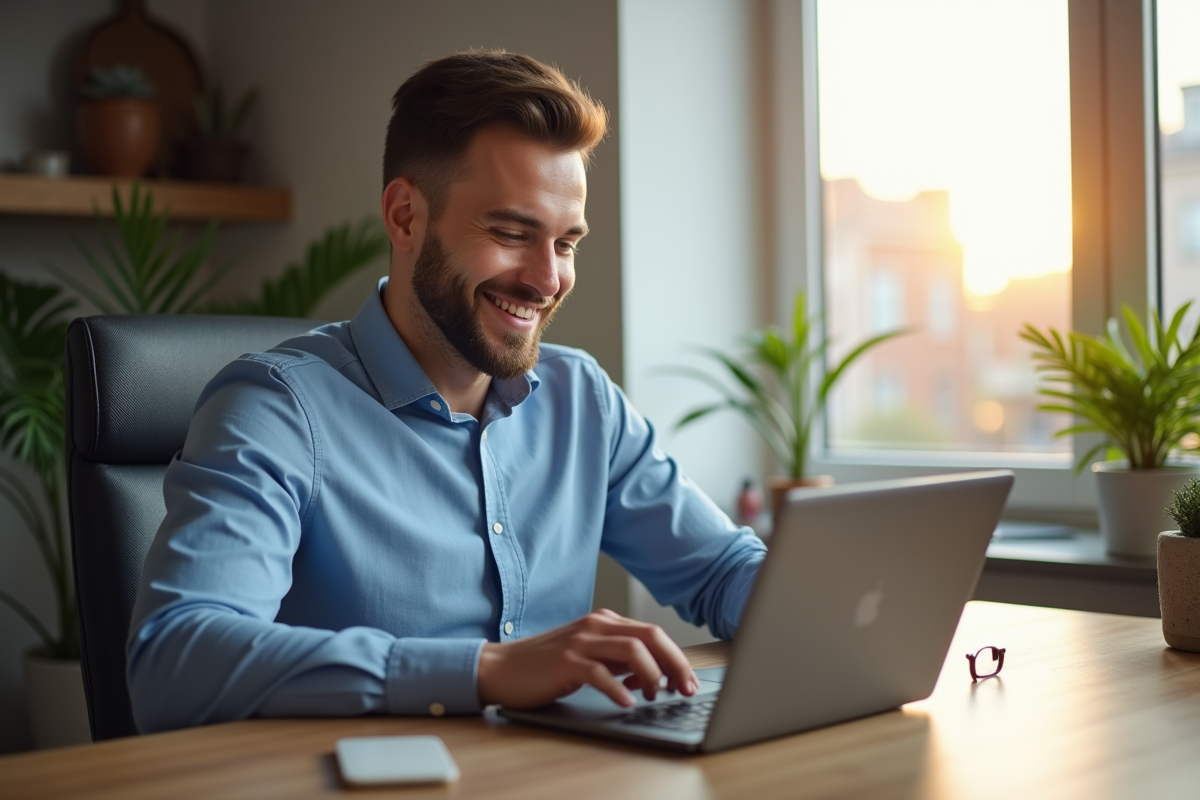Jeune homme vérifiant ses statistiques sur une tablette dans un espace de travail cosy