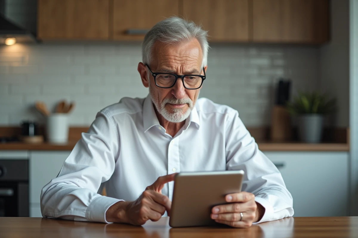 Homme âgé examinant sa tablette dans une cuisine moderne