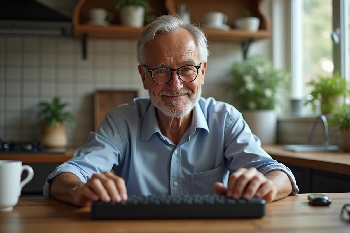 Homme âgé manipulant un clavier dans une cuisine chaleureuse