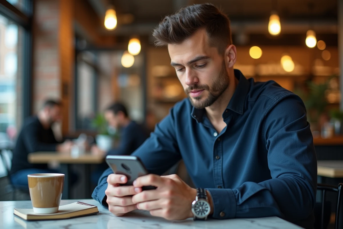 Homme consultant une conversation WhatsApp avec texte surligné dans un café moderne