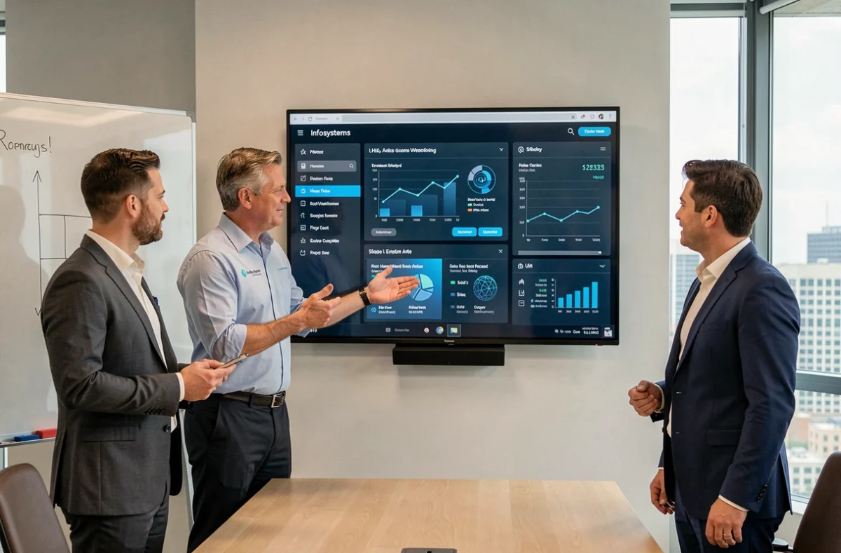 Ingénieur Infosystems présentant un tableau de bord de cybersécurité à des collègues dans une salle de réunion moderne
