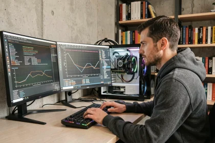 Ingénieur informaticien analysant les benchmarks des drivers NVIDIA RTX 5070 sur plusieurs écrans dans un bureau moderne