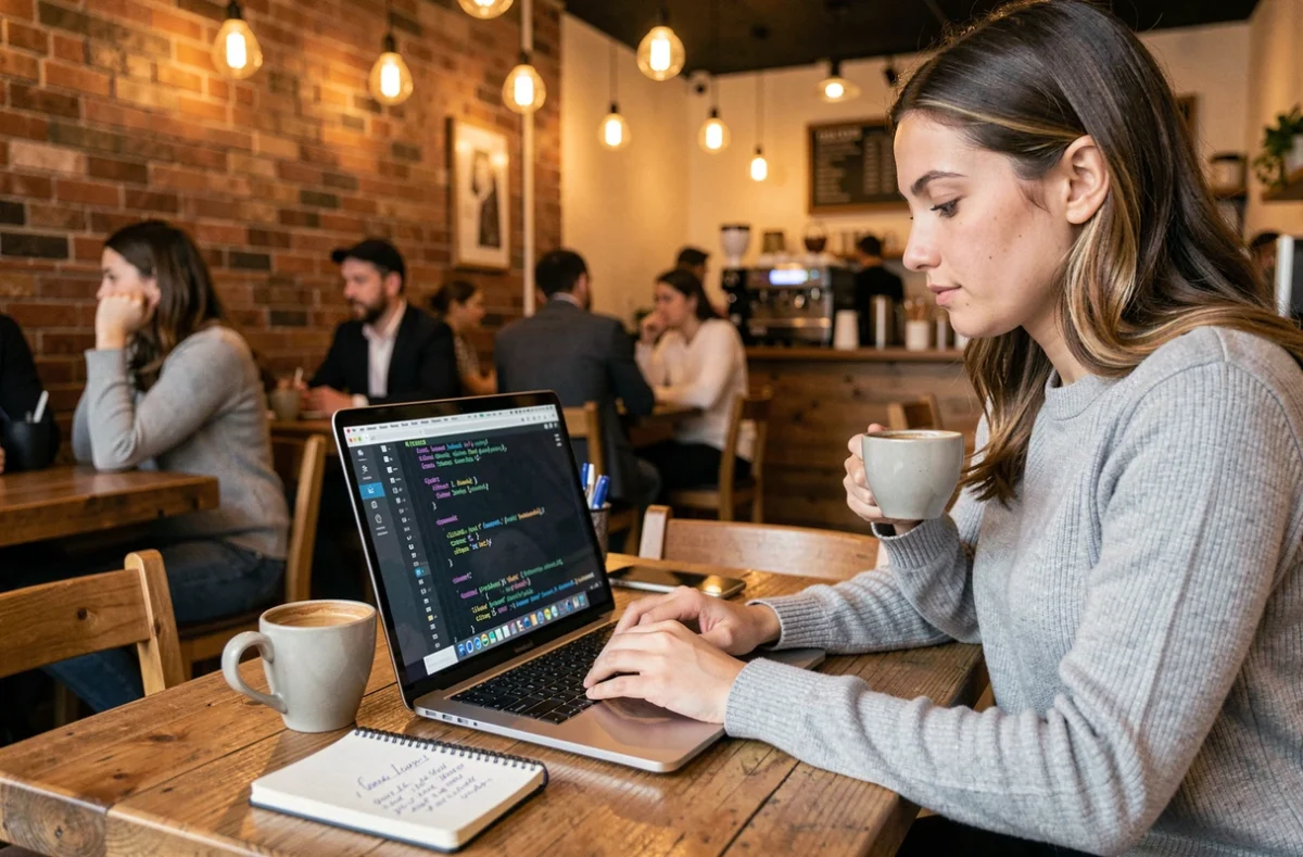 Ingénieure data travaillant sur un script Python de parsing XML dans un café avec un carnet de notes et un espresso