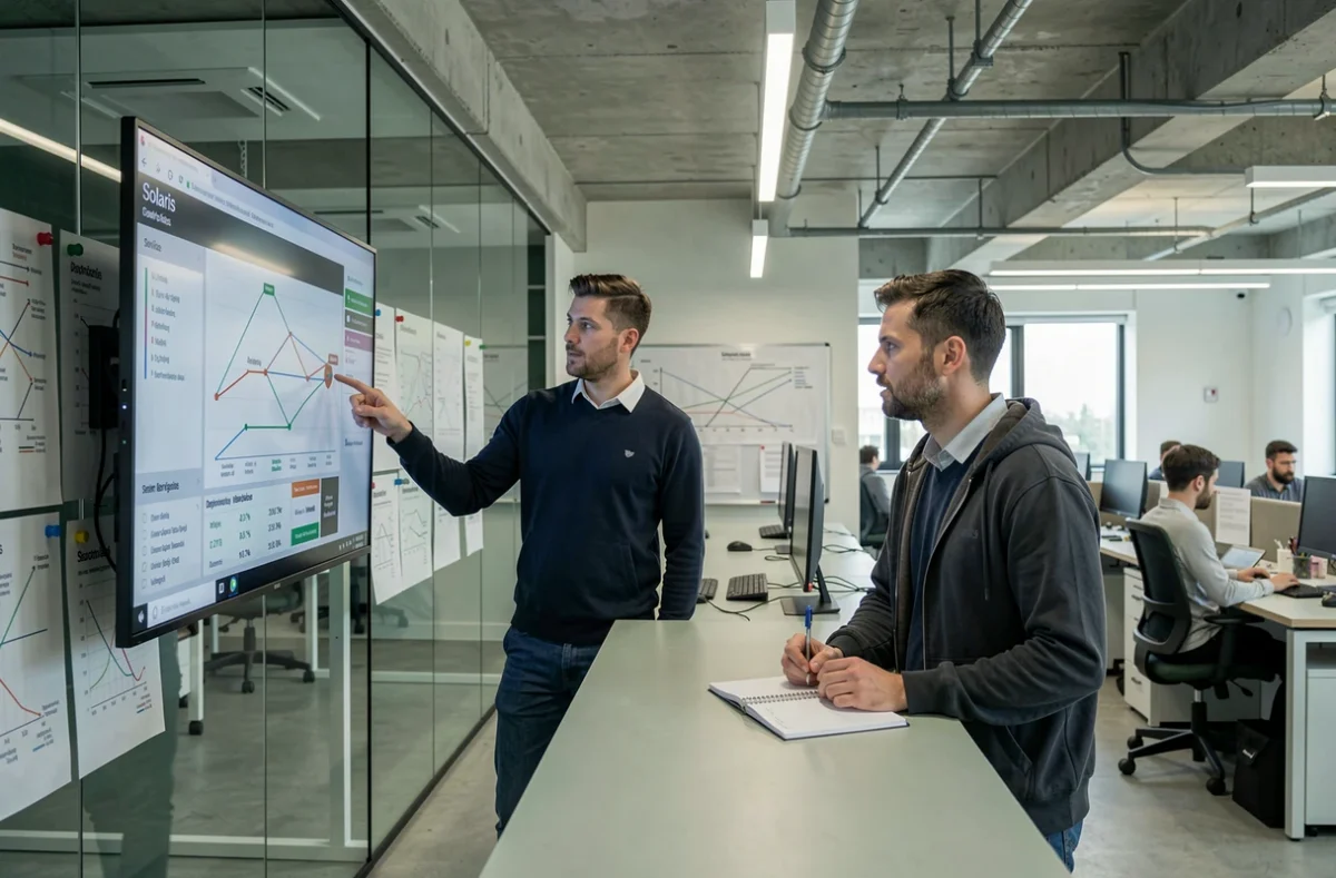 Deux ingénieurs informatiques analysant un graphe de dépendances de services Solaris sur écran mural lors d'une réunion technique