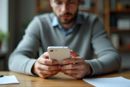 Homme inspectant un smartphone Huawei P10 Lite reconditionné posé dans ses mains, ambiance bureau maison