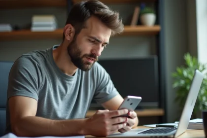 Homme inspectant attentivement un smartphone Android d'occasion en cherchant des défauts sur l'écran