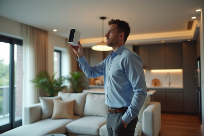 Homme d'âge moyen installe une caméra de sécurité moderne dans un salon élégant