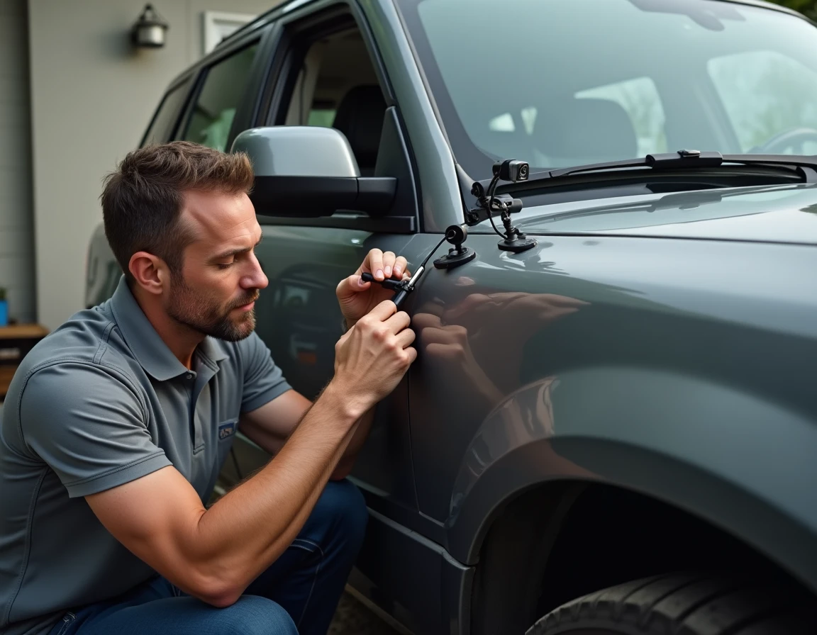 Homme installant un support RAM Mount pour dashcam sur vitre de SUV dans une allée gravillonnée