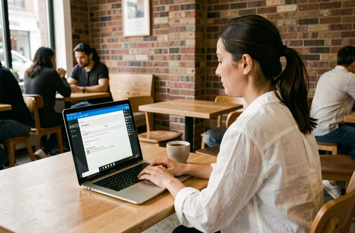 Femme utilisant un émulateur Android sur laptop dans un café pour installer des APK depuis le Play Store sur PC